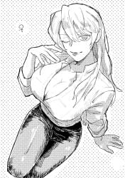 big_breasts canon_genderswap cleavage female female_only genderswap_(mtf) gintama halftone high-angle_view kondou_goriko kondou_isao long_hair looking_at_viewer metyaone monochrome one_eye_closed rule_63 screentone sitting smile solo wink