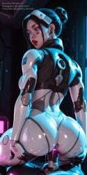 absurdres ai_generated aroused ass_focus back_view best_quality big_ass black_hair blue_lighting bodysuit curvy cybernetic cyberpunk cyborg detailed_background dripping explicit facial_markings female from_behind glasses glossy_skin hair_bun highres huge_ass lipstick looking_back marathon_(bungie) masterpiece mechanical_legs neon nsfw on_knees open_mouth ponytail purple_eyes pussy pussy_juice red_lipstick robot_girl robotic_legs round_eyewear sci-fi skin_tight solo squatting steam sweat tattoo thick_thighs thief_(marathon) velairi_kim voluptuous wet wide_hips