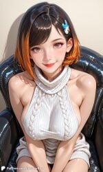 1girls ai_generated breasts casual casual_nudity encoder female indoors large_breasts looking_at_viewer no_bra no_panties no_underwear room sideboob sitting sweater sweater_only two-tone_hair virgin_killer_sweater