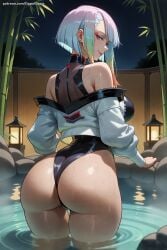 1girl ai_generated ass bangs bare_shoulders blue_eyes breasts cyberpunk:_edgerunners from_behind hi_res high_quality high_resolution jacket large_breasts looking_at_viewer looking_back lucyna_kushinada patreon seductive sexy smile swimsuit thighs uncensored wading water watermark