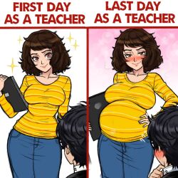 before_and_after big_belly big_breasts black_hair blush fully_clothed hand_on_belly joker_(persona) looking_at_another looking_at_partner neggoartz persona persona_5 pregnant ren_amamiya sadayo_kawakami seductive_look seductive_smile student teacher teacher_and_student