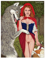 1boy 1girls big_bad_wolf blue_eyes breasts brown_hair female female_on_feral female_pubic_hair feral feral_on_female feral_on_human hood human human_on_feral little_red_riding_hood long_hair mark_blanton no_bra no_panties pubic_hair pussy skirt skirt_lift standing tagme uncensored wolf