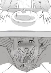 1boy 2girls after_fellatio arknights blue_poison_(arknights) blush cake cake_slice cum cum_in_mouth cum_in_nose cum_on_body cum_on_penis flaccid food heart heart-shaped_pupils highres jacket long_hair monochrome multiple_girls pov ptilopsis_(arknights) satou_rin_(gobugabuge) symbol-shaped_pupils tongue tongue_out under_table under_the_table_(arknights)