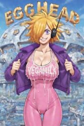 ai_generated big_breasts bodysuit female female_only grin jacket large_breasts milk one_piece one_piece:_egghead_arc orange_hair pink_bodysuit short_hair siluleus smile smiling vegapunk_lilith