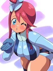 bending_forward bending_over bent_forward bent_over big_breasts blowing_kiss blue_eyes blue_gloves blue_jacket blue_shorts blush blushing breasts commentary_request crop_top cropped_jacket female game_freak gloves hand_on_breast hand_on_own_breast highres inaba_(tensai21) inabakun00 jacket large_breasts light_blush midriff nintendo one_eye_closed one_side_up pokemon pokemon_bw red_hair short_hair_with_long_locks short_shorts shorts sidelocks skyla_(pokemon) solo swept_bangs tan tan_body tan_skin tanned_female thick_thighs thigh_pouch thigh_strap thighs thin_waist turtleneck turtleneck_jacket wide_hips wink winking winking_at_viewer