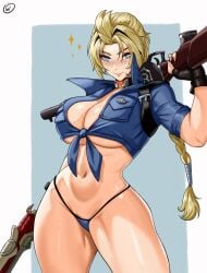 1girls 2d 2d_(artwork) blonde_hair blue_eyes blue_shirt blush breasts cleavage closed_mouth curvy curvy_figure curvy_hips elsa_bloodstone elsa_bloodstone_(marvel_rivals) elsa_bloodstone_(young_blood) gun holding holding_gun holding_weapon light-skinned_female looking_at_viewer marvel marvel_comics marvel_rivals muscular muscular_female navel shirt simple_background tall_female thick_hips thick_thighs thighs toned underwear waifuviolenta weapon