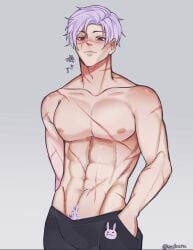 abs blue_lock bunny_iglesias hands_in_pockets happy_trail male muscular_male pink_hair pubic_hair pubic_hair_peek saduaru scars_all_over scars_on_face standing