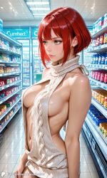 1girls ai_generated breasts casual casual_nudity cleavage cleavage_cutout covered_nipples encoder female grocery_store indoors medium_breasts navel no_bra no_panties no_underwear public public_nudity shop short_hair sideboob store sweater sweater_only virgin_killer_sweater