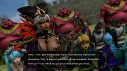 big_breasts blackmail blue_hair breasts captured captured_heroine cia_(the_legend_of_zelda) cleavage cleavage_cutout dark-skinned_female dark_skin defeated defeated_heroine dialogue english english_text female female_humiliation fi forced forced_exposure forced_presentation humiliation hyrule_warriors lana_(the_legend_of_zelda) light-skinned_female light_skin link link_(hyrule_warriors) lvl3toaster moblin moblin_(skyward_sword) multiple_boys multiple_girls nude nude_female princess red_eyes removed_armor removed_bra removed_clothing speech_bubble spoils_of_war stripping submission surrendering text text_box the_legend_of_zelda thighs threatening threatening_violence threatening_with_weapon white_hair