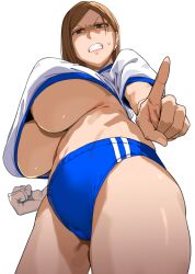 1girls angry bakkanki bloomers breasts brown_eyes brown_hair cameltoe cleavage clenched_teeth embarrassed female_only glaring gym_clothes gym_uniform huge_breasts jujutsu_kaisen kugisaki_nobara satoriwappa short_hair solo thighs underboob