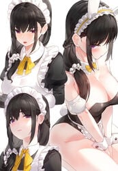 animal_ears apron bangs bare_legs bare_shoulders between_legs black_hair black_leotard blush braid breasts bunny_ears bunny_girl bunny_tail bunnysuit character_sheet cleavage closed_mouth clothing detached_collar detached_sleeves eyebrows_visible_through_hair female female french_braid frilled_apron frills hand_between_legs headdress headwear high_resolution juliet_sleeves kfr large_breasts legs leotard long_hair long_sleeves looking_at_viewer maid maid_headdress multiple_views neck_ribbon open_mouth original puffy_sleeves purple_eyes ribbon shy sidelocks simple_background sitting solo strapless strapless_leotard tagme tail tied_hair waist_apron white_apron white_background wrist_cuffs yellow_background yellow_ribbon