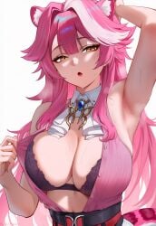1girls armpit arms_up big_breasts boob_focus boobs bra breast_focus cleavage female hi_res hololive hololive_english hololive_english_-justice- kguy1920 large_breasts panther_ears panther_girl panther_tail pink_hair pulling_clothing raora_panthera solo sweating virtual_youtuber vtuber yellow_eyes