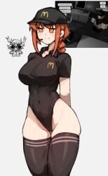 1girls breasts cap chainsaw_man clothing collared_shirt female female_only headset leotard makima_(chainsaw_man) mcdonald's reference_image roblox roblox_avatar robloxian shigezie solo source_request standing tagme thighhighs thighs
