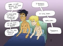 2boys 6teen after_sex black_hair blonde_hair blue_blanket brown_skin dialog gay half-closed_eyes in_bed jonesy_garcia jude_lizowski male male_only multiple_males naked nipples pale-skinned_male sitting speech_bubbles tagme wide_eyes yaoi yoshi_(artist)