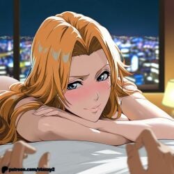 1boy 1girls ai_generated big_breasts bleach bleach:_the_thousand-year_blood_war blonde_hair blowjob breasts breasts_out busty completely_naked female huge_breasts light-skinned_female long_hair lying_on_bed lying_on_stomach matsumoto_rangiku mature_female nude_female pink_nipples pov smerk stretched stretching tagme