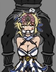 1boy 1girls anthro blonde_hair blood blood_on_face blood_trail blue_eyes brain brain_fuck brain_snuff breasts cleave_gag clothed corpse dead death duo female female_death flower_in_hair fully_clothed gagged genshin_impact gore guro gurochanop half-closed_eyes hilichurls_(species) interspecies lumine_(genshin_impact) male monster murder necrophilia penis pitch-black_skin rape skull_fucking snuff straight