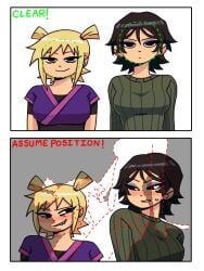 2girls 2koma biometric_verification biting_lip biting_own_lip black_hair blonde_hair blush chimichanga color comic english_text eyeshadow facial_verification female female_focus female_only hollie_hawkes human human_only imminent_oral implied_oral lewd_security_verification light_skin looking_at_partner meme oral oral_sex roxanne_richter scott_pilgrim scott_pilgrim_takes_off text trend twitter_link twitter_trend verification yuri