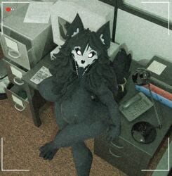 1girls 3d 3d_(artwork) anthro big_breasts black_fur breasts camera_pov female furry looking_at_viewer mal0 office scp-1471 scp-1471-a scp_foundation security_camera skull skull_head solo static tail wolf wolf_girl