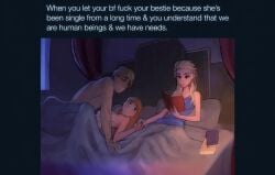 1boy 2girls 2girls1boy anna_(frozen) bed bedroom distracted elsa_(frozen) frozen_(film) girlfriends_sister holding_hands incest kristoff_(frozen) missionary_position polyamory reading_book sex
