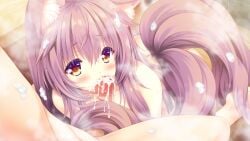 1boy 1girl animal_ear_fluff animal_ears bath bathroom blush brown_hair censored cum cum_in_mouth fellatio fox_ears fox_girl fox_tail game_asset hetero highres long_hair madohi_shiroki_no_kamikakushi mixed-sex_bathing moekibara_fumitake mosaic_censoring nude oral penis shared_bathing solo_focus steam tail tooki_roka