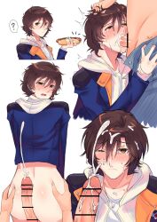 2boys ? absurdres banagher_links bar_censor blue_jacket blush bottomless brown_hair buttjob censored clothed_sex commentary_request crying crying_with_eyes_open cum cum_in_mouth cum_on_body cum_on_clothes cum_on_hair cum_overflow deepthroat denim erection facial fellatio food grabbing_another's_ass grabbing_another's_hair gripping_clothes groping gundam gundam_unicorn highres holding holding_another's_hair holding_food hood hoodie hot_dog irrumatio jacket jeans large_penis lunaregemini multiple_boys multiple_views nose_blush one_eye_closed oral orange_eyes pants penis pointless_censoring pov pov_crotch projectile_cum self-upload shiny_skin shirt spoken_question_mark sweat tearing_up tears white_background white_hoodie white_shirt yaoi