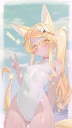 1girl 1girls animal_ears blonde_hair blue_archive blush breasts cameltoe covered_navel covered_nipples female fox_ears fox_tail long_hair looking_at_viewer neurotic_neko one-piece_swimsuit seia_(blue_archive) seia_(swimsuit)_(blue_archive) small_breasts solo swimsuit tail v visor_cap
