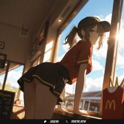 ai_generated arm_support ass bangs black_headwear black_skirt blue_sky blurry breasts brown_hair cloud day english_text female female_only frenzyai green_eyes hat indoors leaning_forward long_hair looking_at_viewer looking_back mcdonald's medium_breasts miniskirt original pleated_skirt ponytail red_shirt shirt short_sleeves sidelocks skirt sky solo sunlight thighs