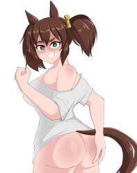 ameh_li angry animal_ears bottomless inari_one_(umamusume) partially_clothed tail twintails umamusume white_shirt