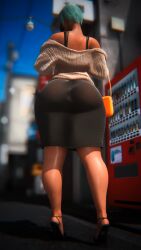 3d ass_focus big_ass dongtan_dress final final_fantasy_xiv gpose_(ffxiv) green_hair heels legs solo_female street tan_skin