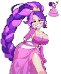 1girl 2026 2d 2d_(artwork) animate_inanimate big_breasts blush braid braided_hair braided_ponytail braids breasts cleavage cleavage_overflow clothed clothed_female clothing crown doll doll_girl dress dress_slit earrings evening_gloves eyelashes eyeshadow female female_only gloves gown hips huge_breasts lily_lovebraids lipstick living_toy long_hair looking_at_viewer melfy mob_entertainment necklace pink_eyeshadow pink_lipstick poppy_playtime poppy_playtime_(chapter_5) princess_dress purple_hair shiny_skin side_slit side_slit_dress sideboob smile solo solo_female thick_thighs thighs toy two-tone_hair v_sign white_background wide_hips