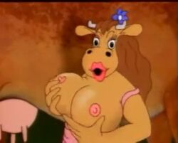 suprised suprised_expression 1990 1990s 1990s_(style) 1female advertisement betty_babs big_breasts bonbon-slik bonbon_slik breasts brown_body brown_hair cow_girl curvy curvy_milf danish female female_only flower_in_hair furry hair huge_breasts large_breasts long_hair mascot milf nipples tv_screen wardrobe_malfunction