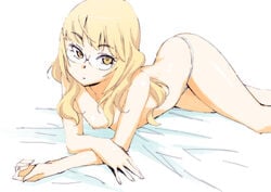 blonde_hair brown_eyes flat_chest glasses highres katou_haruaki long_hair lying panties perrine_h_clostermann pointy_chin strike_witches topless underwear