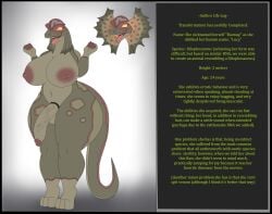 absurd_res anthro balls big_balls big_breasts big_butt big_penis breasts butt curvy_figure dilophosaurid dilophosaurus dinosaur flat_colors genitals gynomorph happy hi_res information_box intersex looking_at_viewer nipple_piercing nipples penis photolol.03 piercing prehistoric_species reptile riamay(photolol.03) saurischian scalie simple_background solo text theropod thick_thighs wide_hips