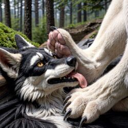 ai_generated big_claws claws dog foot_lick foot_play forest sharp_claws tagme toe_claws tongue tongue_out white_fur wolf wolf_ears