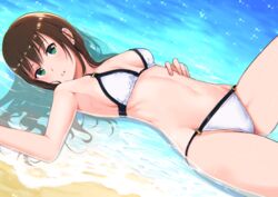 beach bikini blush breasts brown_hair cleavage clothing deca_purio earrings female female green_eyes idolmaster idolmaster_cinderella_girls jewelry long_hair looking_at_viewer lying medium_breasts navel ocean on_back open_mouth outdoors parted_lips partially_submerged sand shibuya_rin solo swimsuit water wet white_bikini white_swimsuit