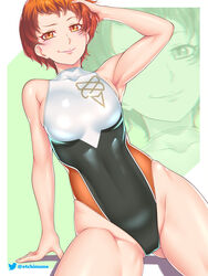 1girls alternate_costume armpits bare_arms bare_thighs breasts competition_swimsuit etchimune fire_emblem fire_emblem:_three_houses green_background hand_on_own_head leonie_pinelli looking_at_viewer medium_breasts nintendo one-piece_swimsuit orange_eyes orange_hair short_hair sideboob sitting smile smug solo swimsuit thick_thighs thighs very_short_hair