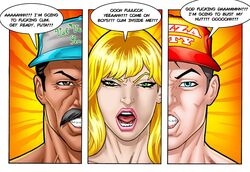 baseball_cap black_hair blonde_hair blue_eyes brown_eyes brown_hair candy_sommerset clenched_teeth dirty_talk female gardener green_eyes leandro_comics moustache naked narrowed_eyes original_character original_characters pizza_boy screaming