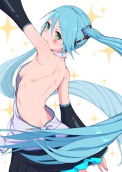 armpits back backless_outfit bare_back black_skirt blue_hair breasts deca_purio facial_mark female female from_behind green_eyes hatsune_miku long_hair one_arm_up ribs sideboob skirt small_breasts solo very_long_hair vocaloid