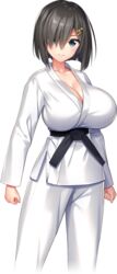 belt big_breasts black_belt breasts cleavage curvy derauea game_cg hair_clip highres judo kaname_fushiko large_breasts looking_at_viewer milk_factory motto!_haramase!_honoo_no_oppai_chou_ero_appli_gakuen! short_hair transparent_background