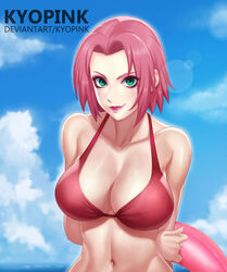 1girls alternate_breast_size arms_behind_back bare_shoulders beach big_breasts bikini boruto:_naruto_next_generations breasts eyeliner eyeshadow female female_only floater fully_clothed green_eyes holding_object kyopink long_hair looking_at_viewer makeup midriff milf naruto naruto_(series) naruto_shippuden ocean outdoors pink_hair sakura_haruno short_hair smile solo solo_focus upper_body