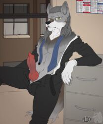 absurd_res anthro canid canine canis clothing exhibitionism exposed flicklock fur genitals grey_body grey_fur hi_res knot male mammal necktie office penis solo suit window wolf