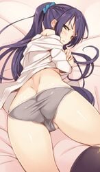 2015 ass back blue_hair blush cameltoe dated female female female_only gin_(ginshari) green_eyes grey_panties lingerie long_hair looking_at_viewer looking_back lying nipples on_stomach original pantsu partially_visible_vulva ponytail solo tied_hair underwear