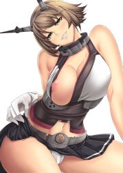 bare_shoulders blush breasts brown_hair commentary_request female gloves green_eyes headgear huge_breasts kantai_collection kinntarou mutsu_(kantai_collection) nipples panties pantyshot short_hair skirt smile solo underwear