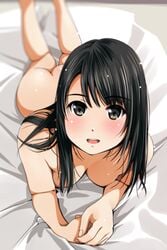 :d ass bed_sheet black_hair blurry blush body_blush breasts cleavage depth_of_field eyebrows_visible_through_hair female female green_eyes high_resolution indoors long_hair looking_at_viewer lying matsunaga_kouyou medium_breasts no_bra nopan nude on_stomach open-mouth_smile open_mouth original own_hands_together posterior_cleavage round_teeth smile solo sunlight tareme teeth the_pose