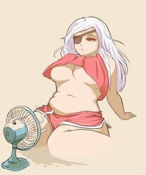 2021 bbw breasts chubby chubby_female electric_fan eyepatch fan heat jenocidero large_breasts long_hair nina_aquila nina_aquila_legal_eagle red_eyes short_shorts shorts stomach tank_top tanuki-sama_studios thick_thighs tired tired_eyes underboob white_hair