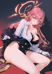 angel aru_(blue_archive) black_bra black_panties black_underwear blue_archive bra breasts demon_horns female fur_trim gehenna_academy_student high_resolution horned_female horned_humanoid jacket large_breasts looking_at_viewer mhk_(mechamania) open_clothes open_jacket open_shirt orange_eyes pantsu parted_lips pencil_skirt pink_hair problem_solver_68_(blue_archive) see-through_shirt shirt sitting skirt skirt_lift underwear wet wet_clothes wet_shirt whitem_(whiteemperor2020)