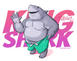 1boy 2021 5:4 anthro clothing dc_comics fish genitals grey_body hi_res kemono king_shark male male_only marine overweight overweight_male penis shark solo solo_male swimwear text tunx2