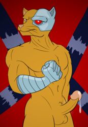absurd_res anthro balls bodily_fluids cybernetic_eye cybernetic_limb cybernetics cyborg darkajugin domestic_cat erection felid feline felis fur genital_fluids genitals hi_res looking_at_viewer machine male mammal manx manx_(tmnt) nude orange_body orange_fur penis precum precum_string red_eyes solo teenage_mutant_ninja_turtles verminator_x