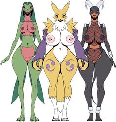 2021 3girls anthro armwear bandai_namco big_breasts black_body black_fur breasts canid canine canis clothing crossover digimon digimon_(species) digital_media_(artwork) female female_only fishnet fishnet_topwear front_view fur furry genitals green_body green_scales group grovyle hi_res houndoom jijis-waifus large_breasts naked neck_tuft nintendo nipple_piercing nipples nude orange_body orange_fur piercing pokémon_(species) pokemon pussy red_body red_scales renamon scales scalie simple_background standing tail thick_thighs tuft video_games white_background white_body white_fur wide_hips yellow_body yellow_fur