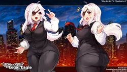 2021 ass bbw breasts business_suit chubby chubby_female city city_background eyepatch koahri large_breasts logo night nina_aquila nina_aquila_legal_eagle official_art red_eyes shocked tanuki-sama_studios thick_thighs tie white_hair